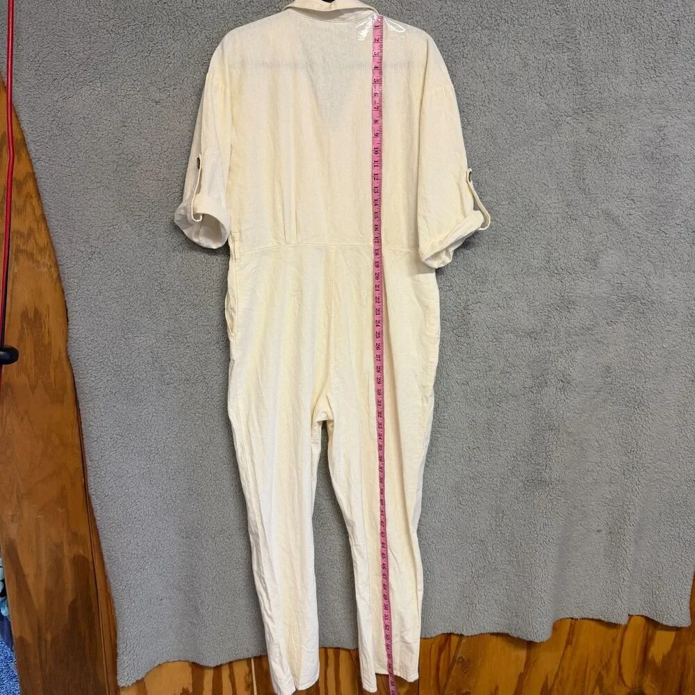 ZARA Linen Blend Jumpsuit Womens L White Roll Tab Sleeves Button Collar Resort
